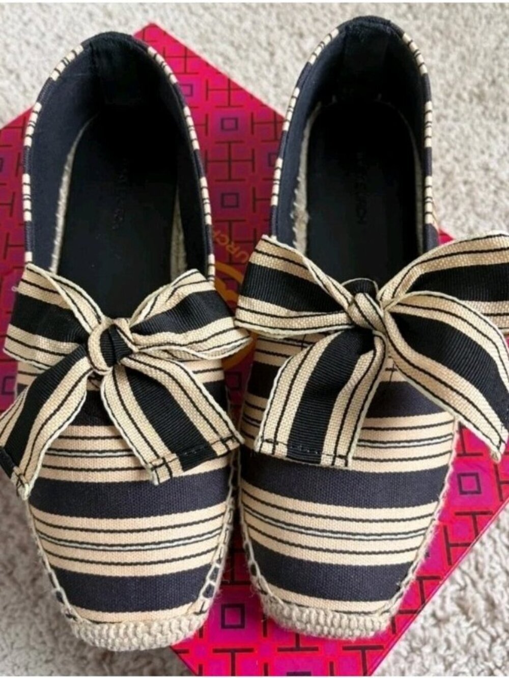 Tory Burch Canvas Lace Up Flat Espadrille Navy Latte Stripe Jute Womens Size 6